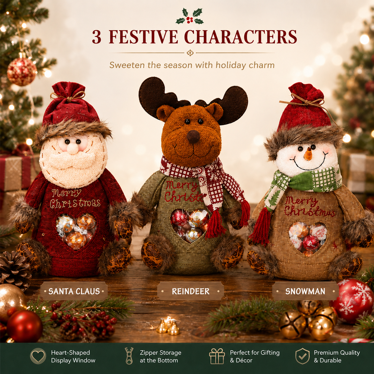 【Limited Time: 30% OFF!】👼👼 Christmas Gift Bags with Zipper Closure 🎁 Reusable Candy & Treat Bags for Holiday Gifting & Party Favors | Santa, Snowman & Reindeer 🦌