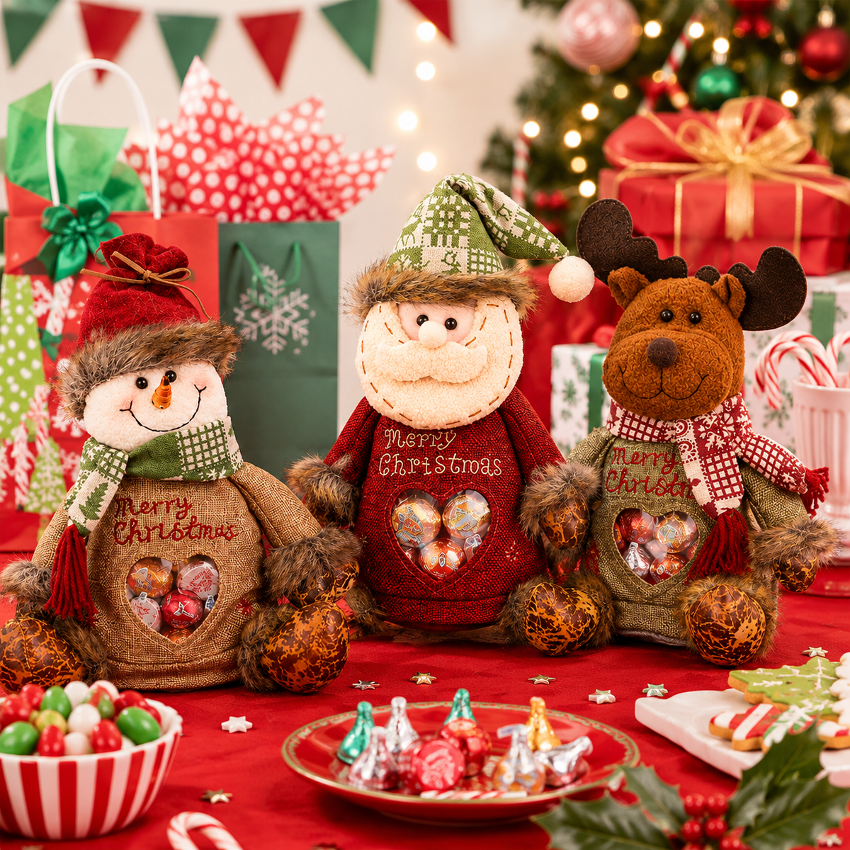 【Limited Time: 30% OFF!】👼👼 Christmas Gift Bags with Zipper Closure 🎁 Reusable Candy & Treat Bags for Holiday Gifting & Party Favors | Santa, Snowman & Reindeer 🦌
