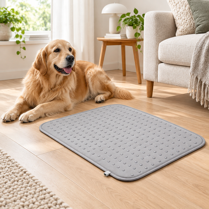 Illustrative dog near textured mat in living room