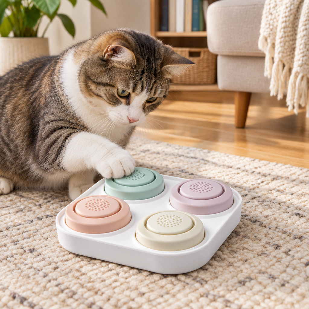 Illustrative cat exploring pastel buttons