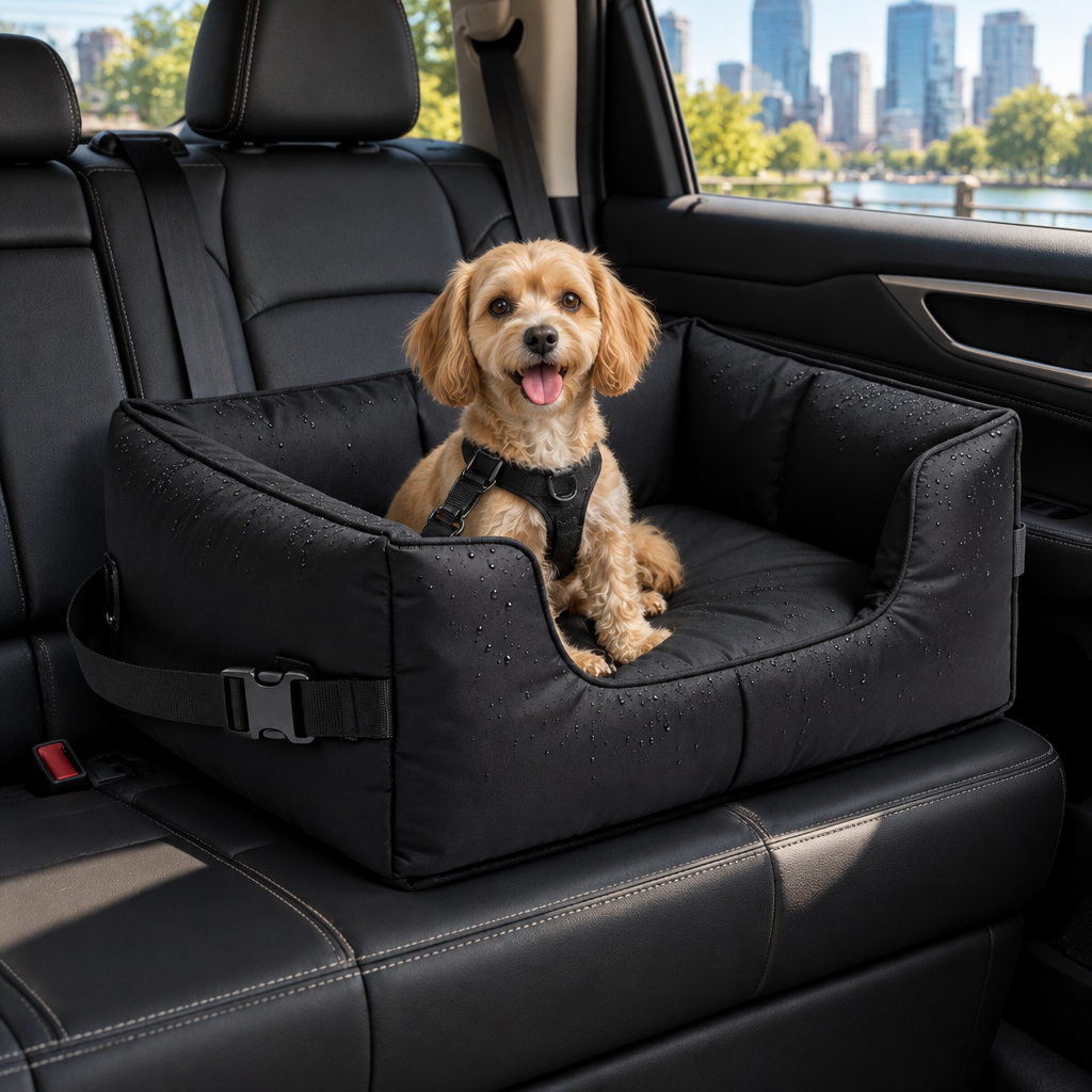 Illustrative dog in pet seat inside SUV