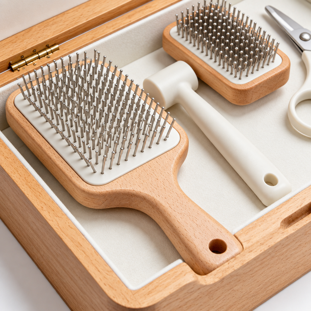 Close-up of pin-style grooming brush