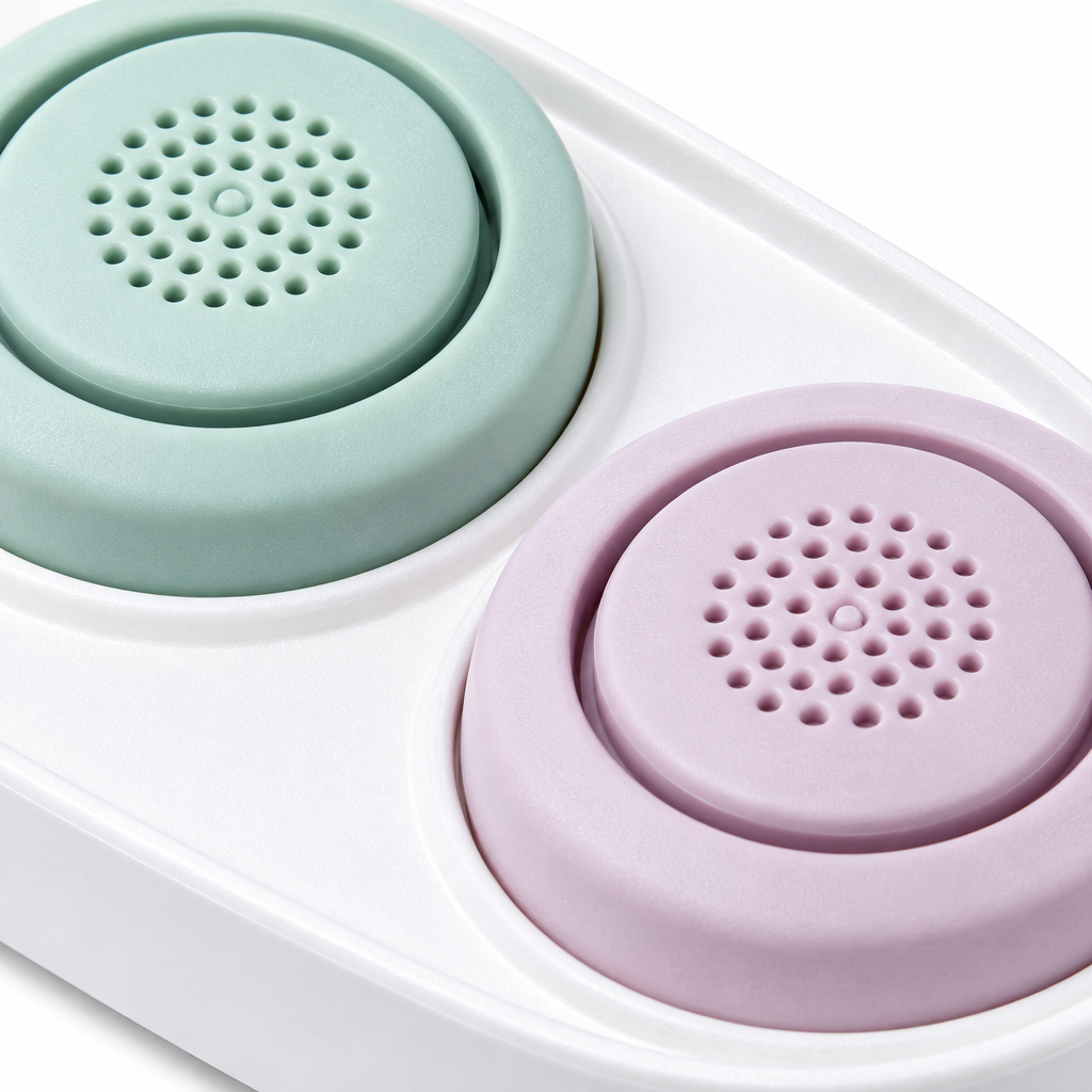 Close-up of pastel perforated button surfaces