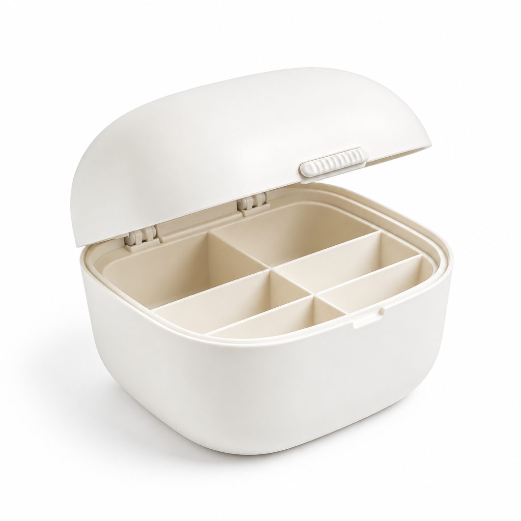Ivory lidded pet toy organizer with interior dividers on white