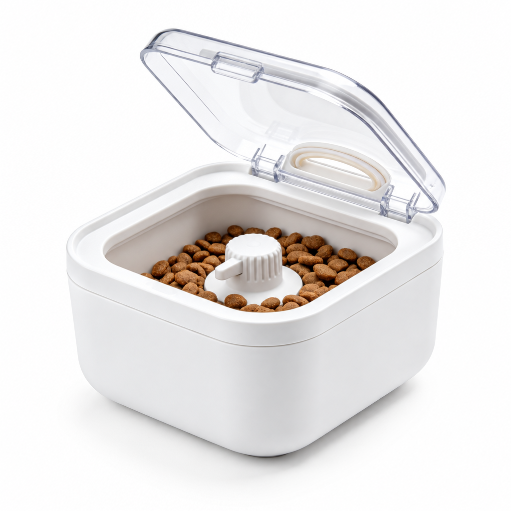 White pet treat container with clear lid and central knob on white