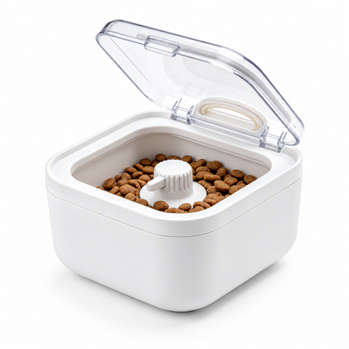 White pet treat container with clear lid and central knob on white