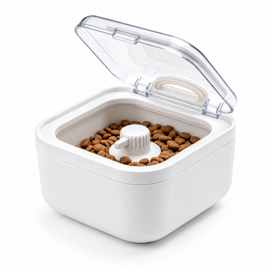 White pet treat container with clear lid and central knob on white