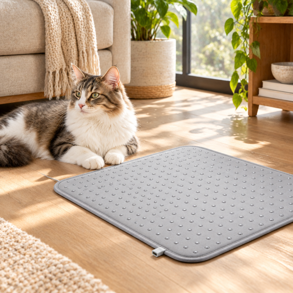 Illustrative cat near mat in sunlit home