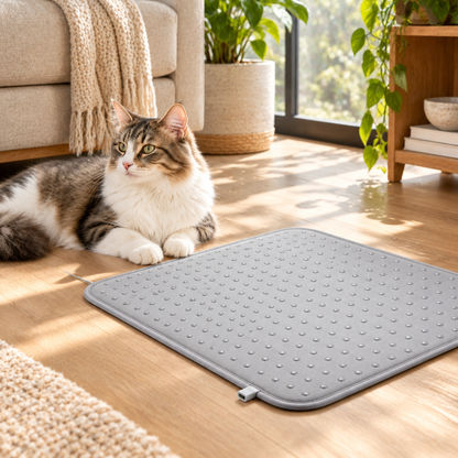 Illustrative cat near mat in sunlit home