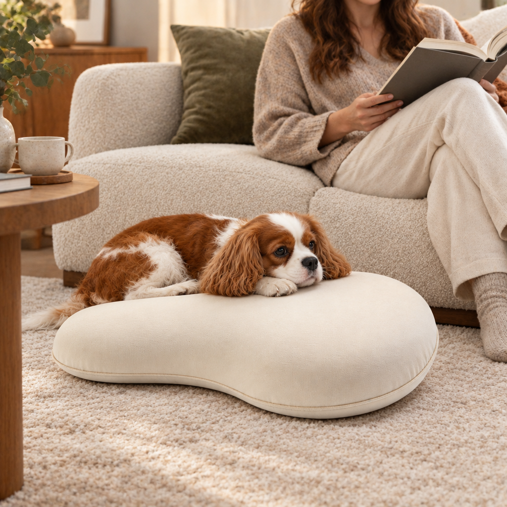 Dog resting on an ivory pet pillow beside its owner