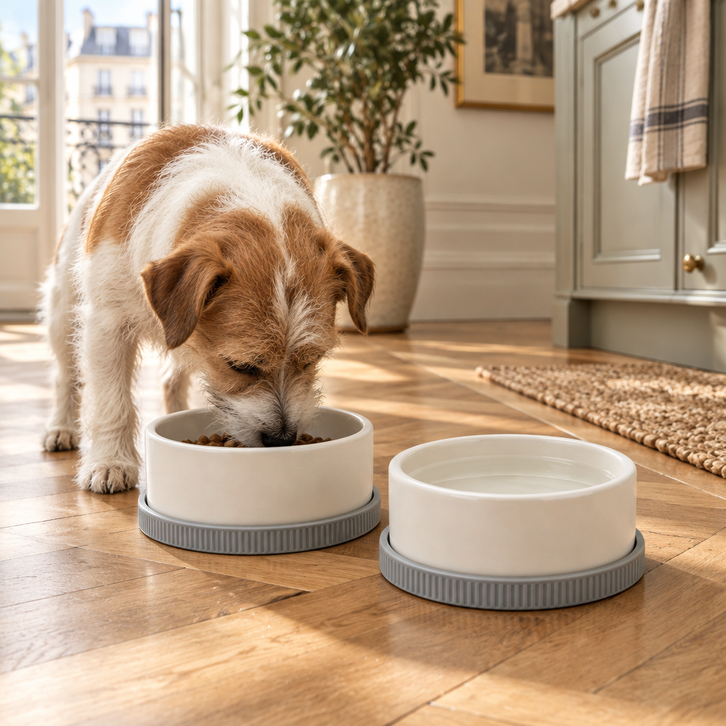 Illustrative dog dining scene with bowl pair