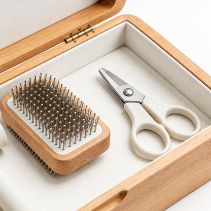 Close-up of grooming scissors and smaller brush