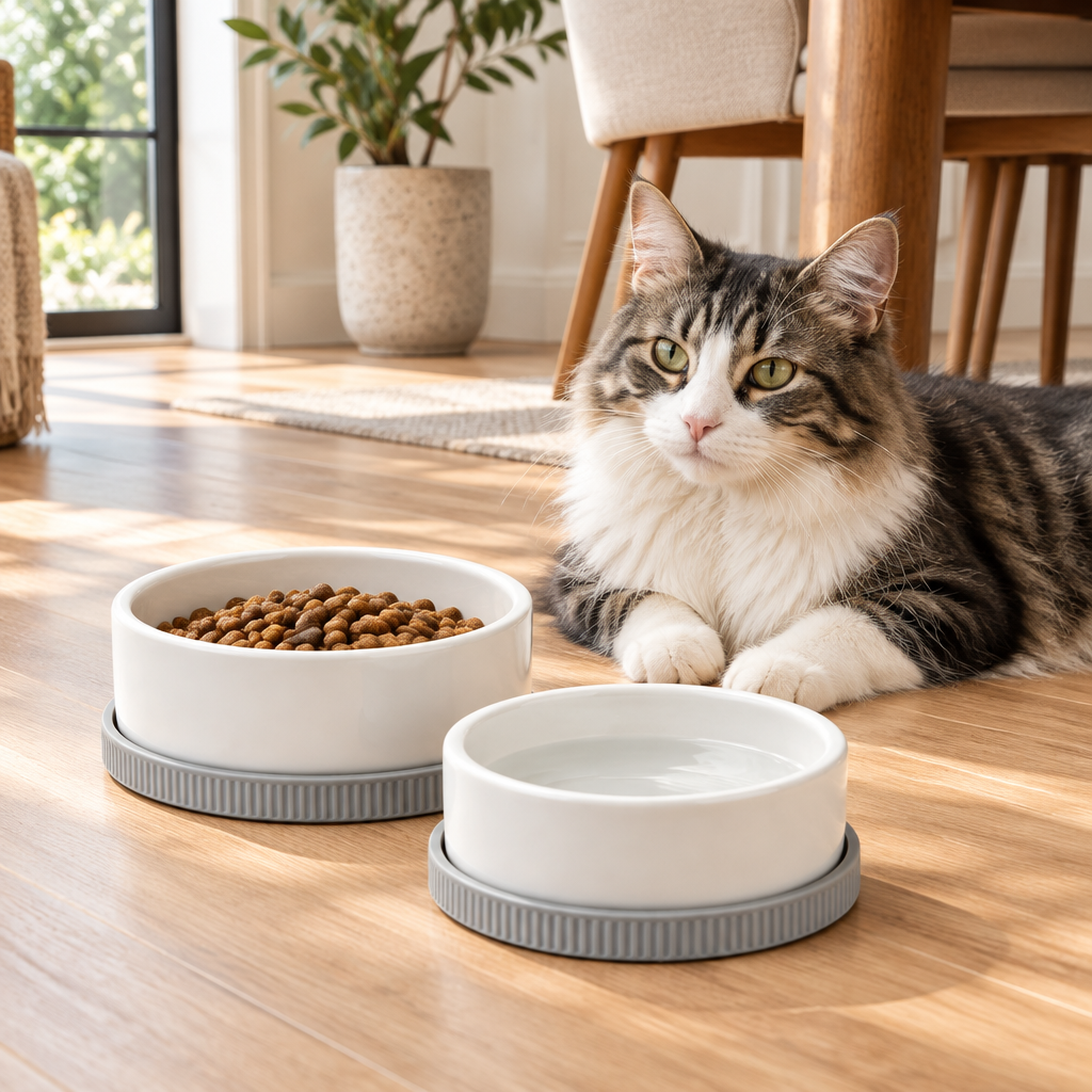 Illustrative cat near coordinated feeding bowls