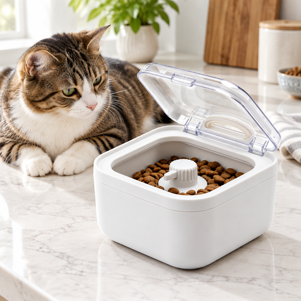 Illustrative treat storage beside cat
