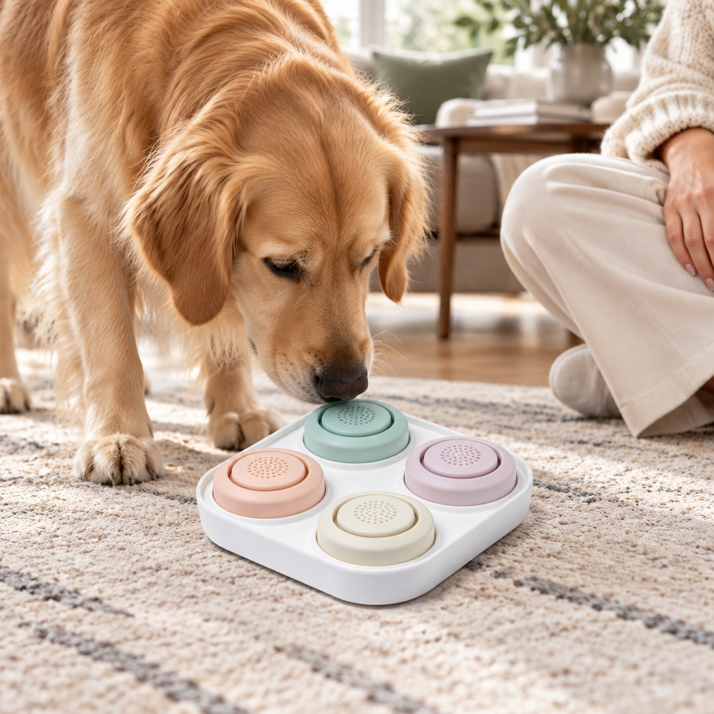 Illustrative dog investigating button set