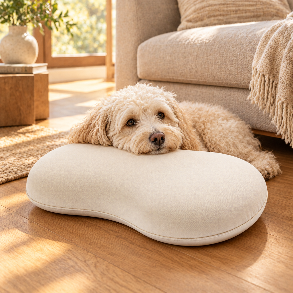 Small dog resting near an ivory pet pillow in a living room