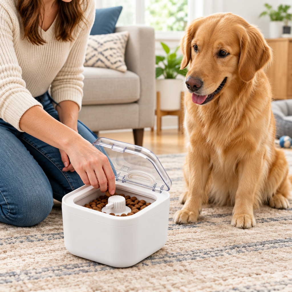 Illustrative owner taking dog treat from container