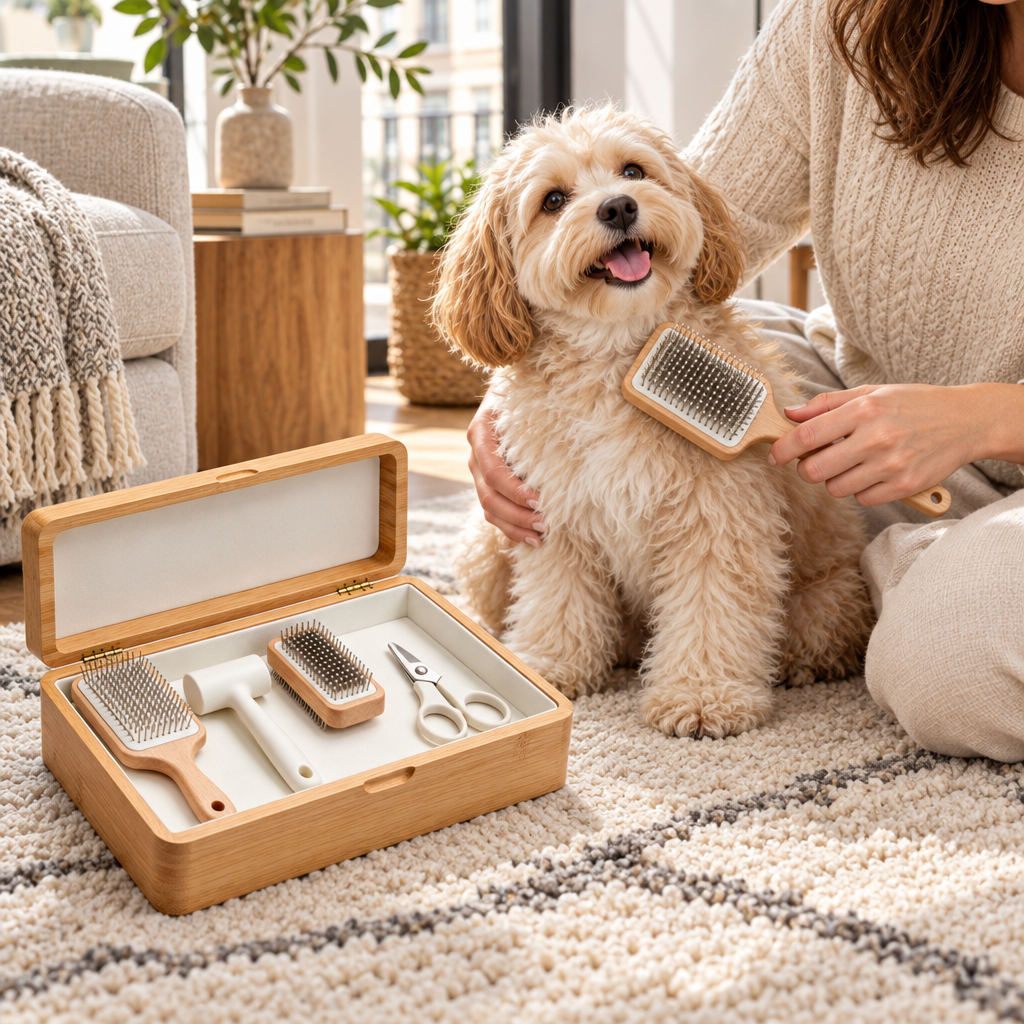 Illustrative gentle dog brushing scene