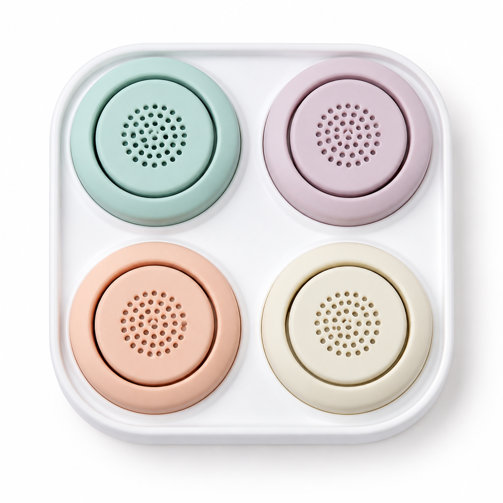 Top view of four pastel buttons in tray