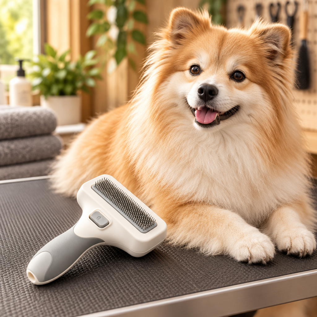 Pet grooming brush in lifestyle setting