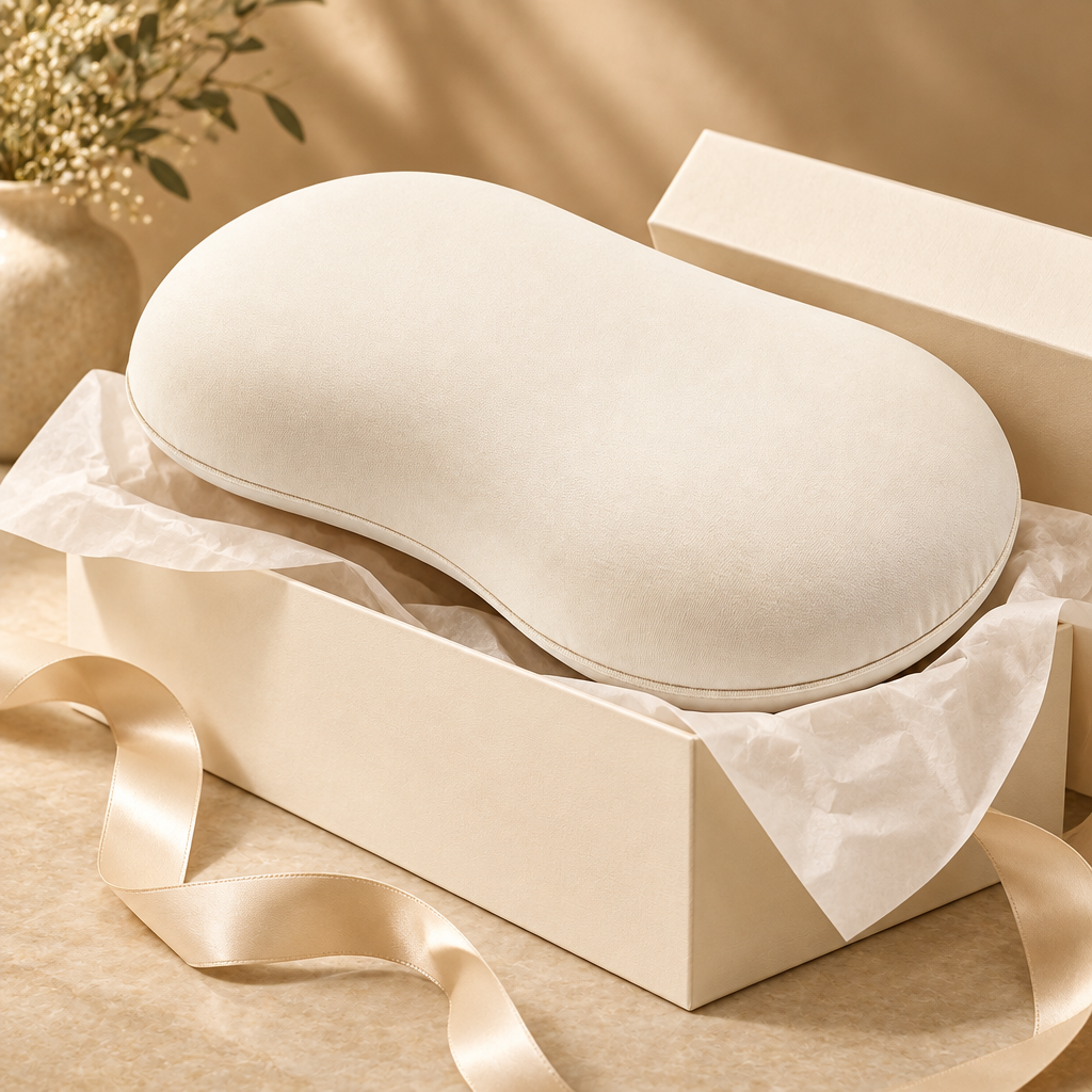 Concept image of an ivory pet pillow presented with a gift box; packaging not confirmed