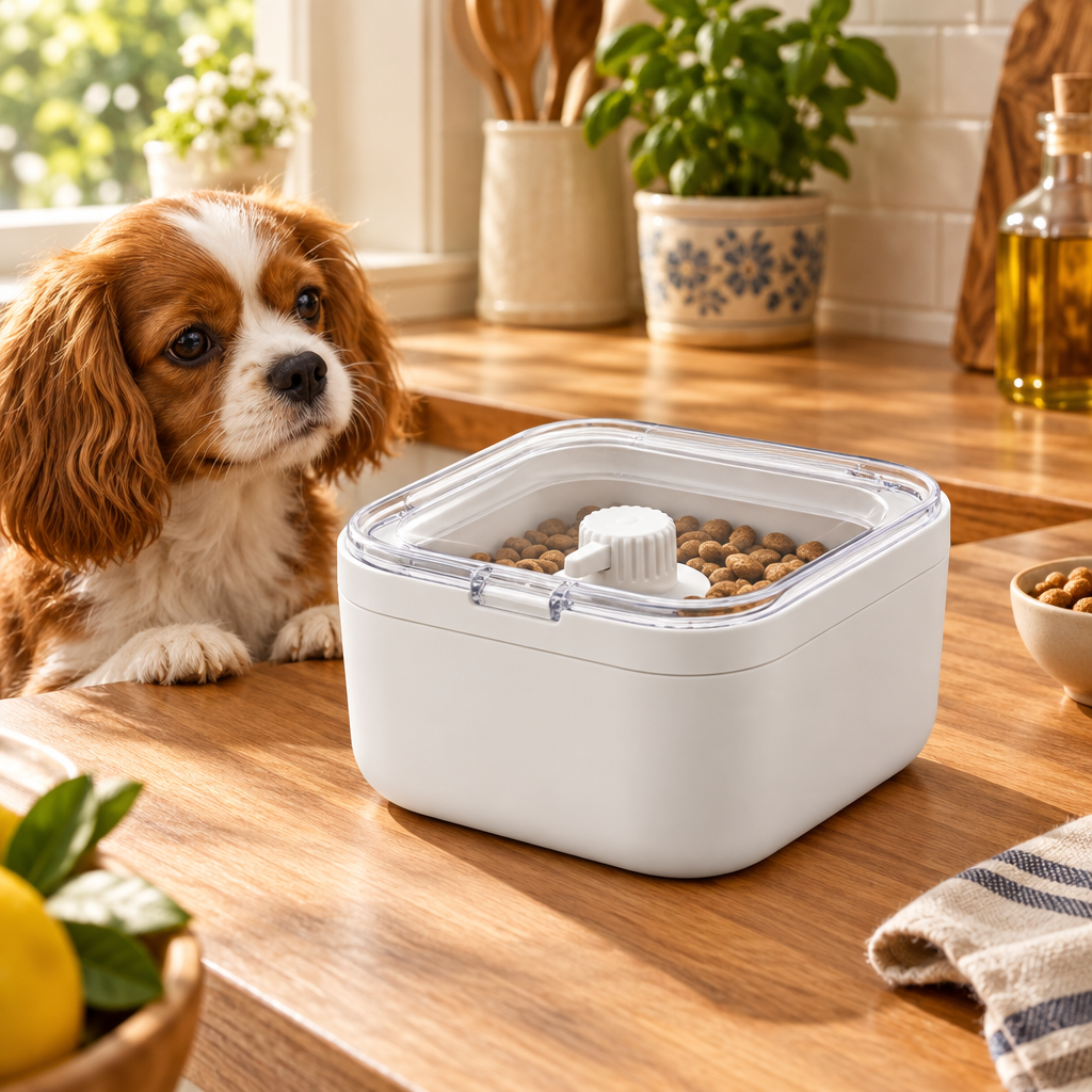 Illustrative treat box in kitchen with dog