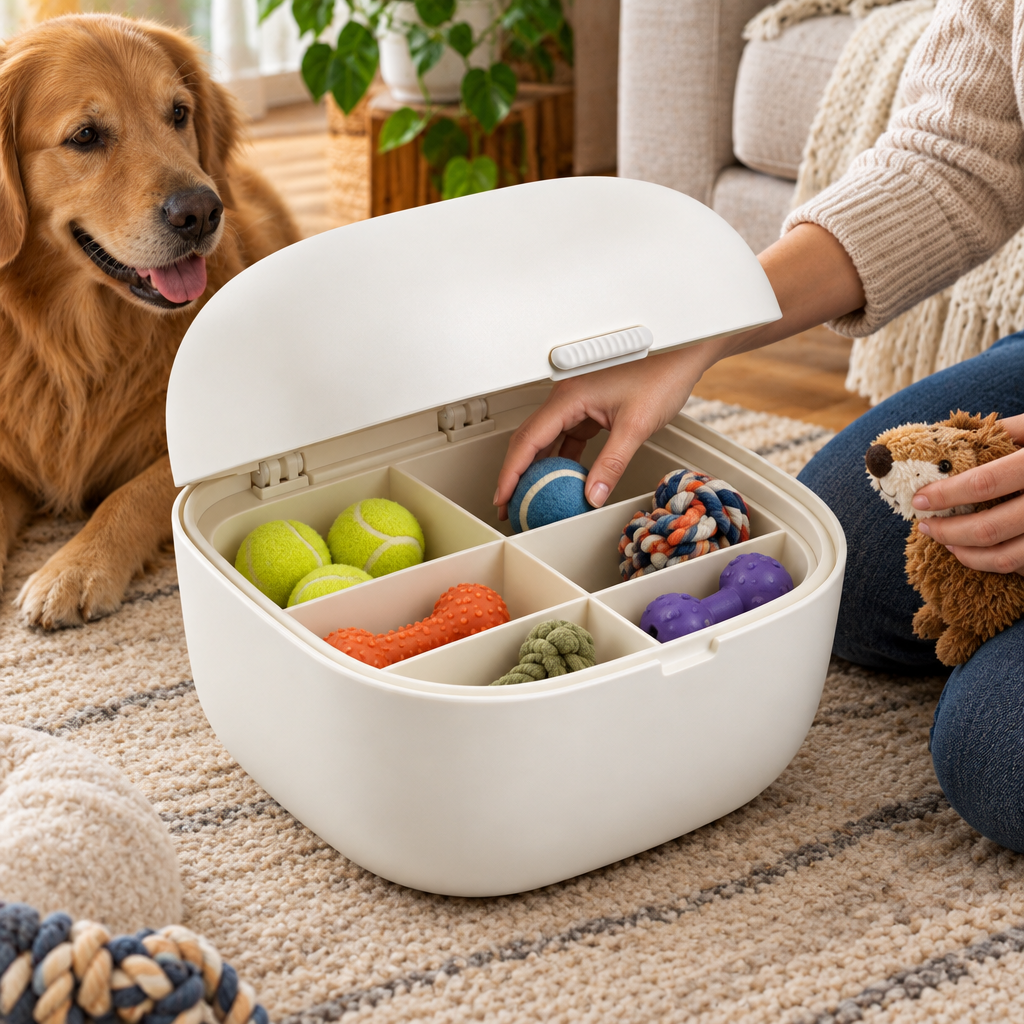 Illustrative sorting pet toys into box