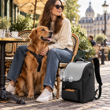 Conceptual outdoor cafe scene with pet backpack