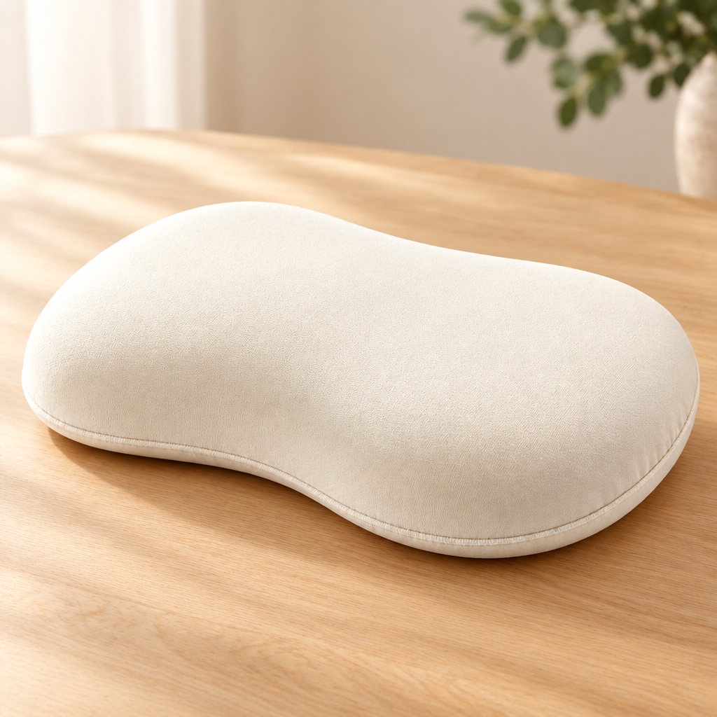 Side view of the ivory pet pillow's rounded contour