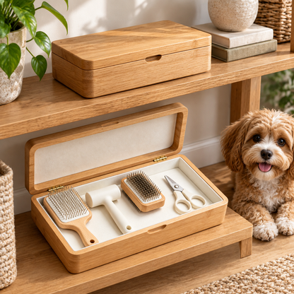 Illustrative pet grooming kit storage scene