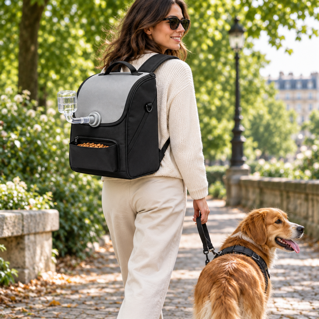 Conceptual park walk with pet backpack