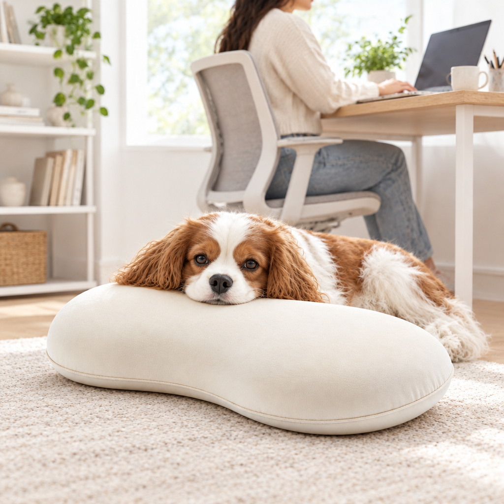 Dog resting near a desk on an ivory pet pillow