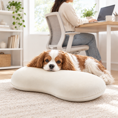 Dog resting near a desk on an ivory pet pillow
