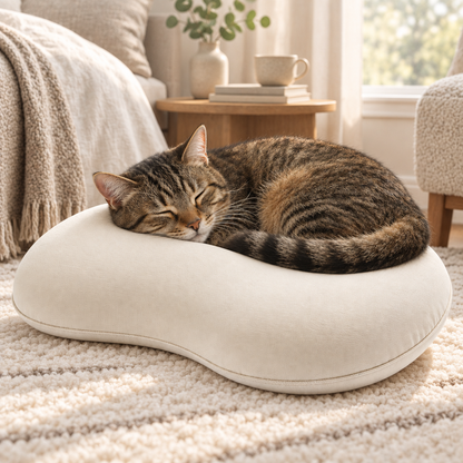 Cat resting by an ivory pet pillow in a bedroom