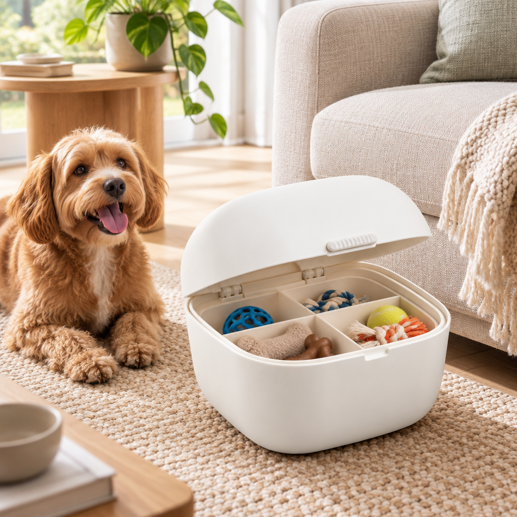 Illustrative pet toy storage in living room