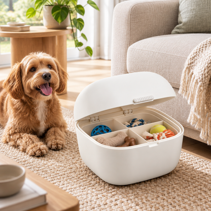 Illustrative pet toy storage in living room