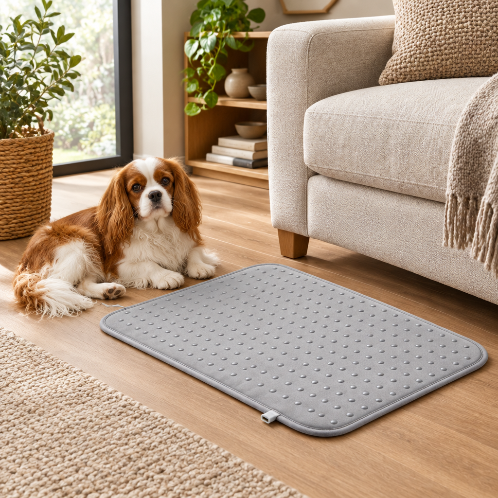 Illustrative pet rest corner with gray mat