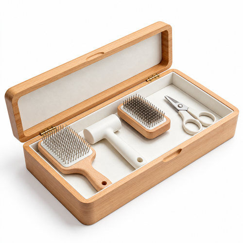 Pet grooming kit in open hinged case against white
