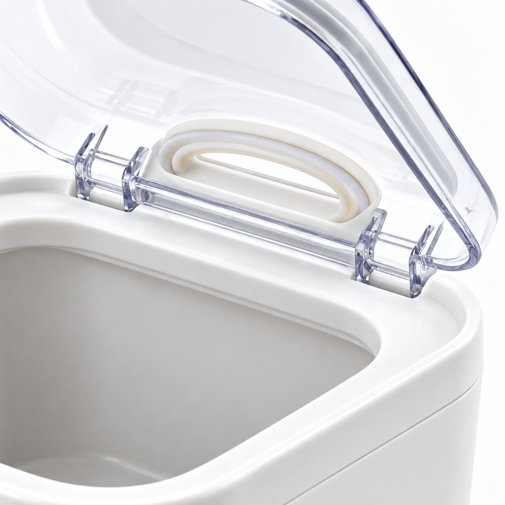 Close-up of clear hinged lid