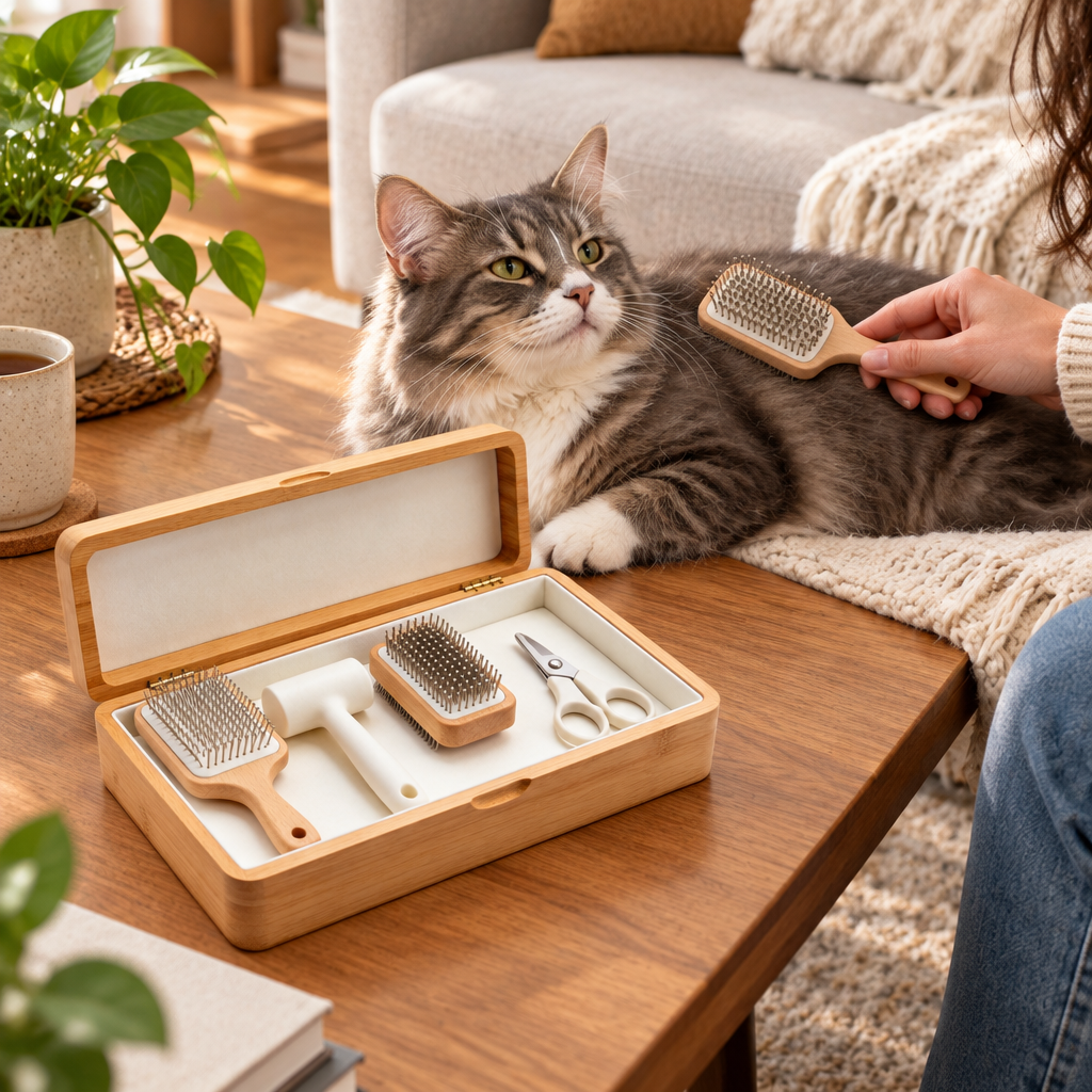 Illustrative cat and grooming set at home