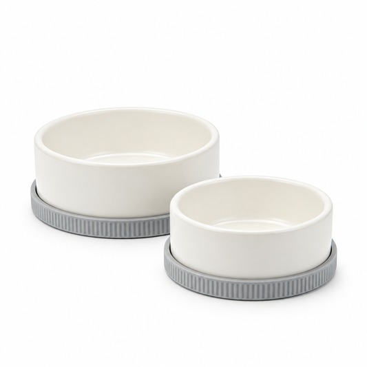 Two ivory pet bowls on gray ribbed bases against white