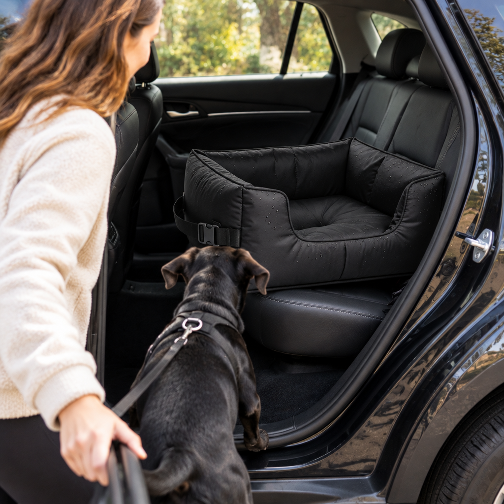 Illustrative pet travel seat at car door
