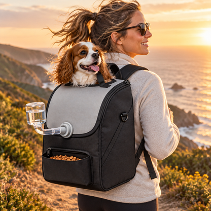 Conceptual coastal walk with pet backpack