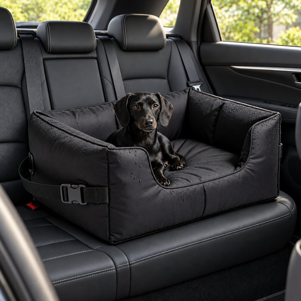 Illustrative dog in pet seat inside parked car