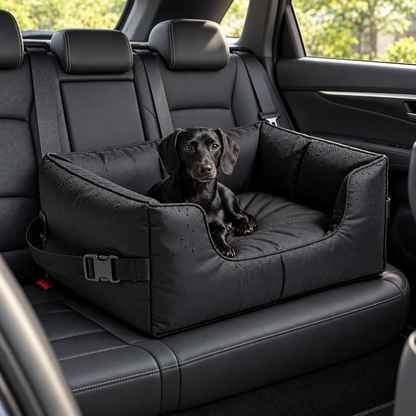 Illustrative dog in pet seat inside parked car