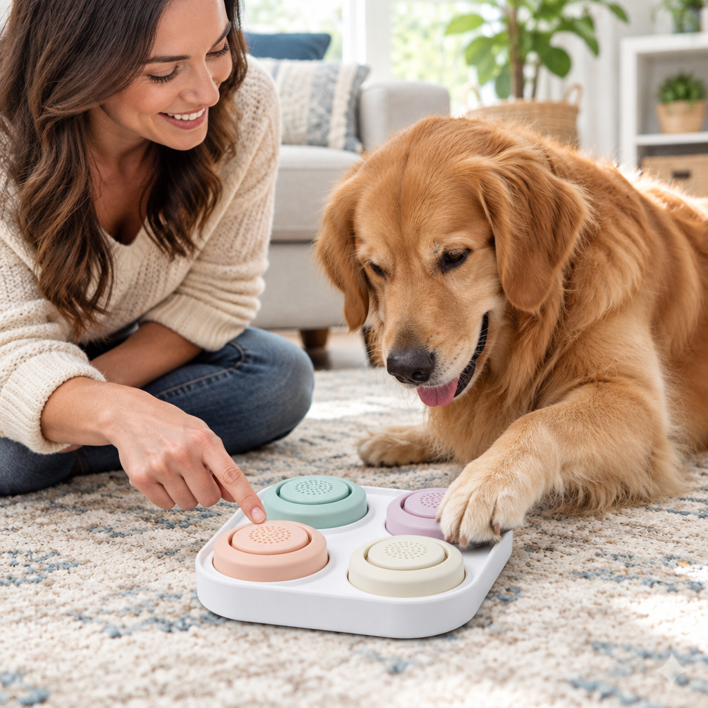 Illustrative owner and dog at training buttons