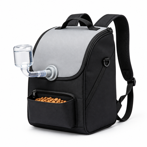 Black and gray pet travel water backpack on white