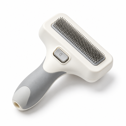 Ivory and gray pet grooming brush on a white background