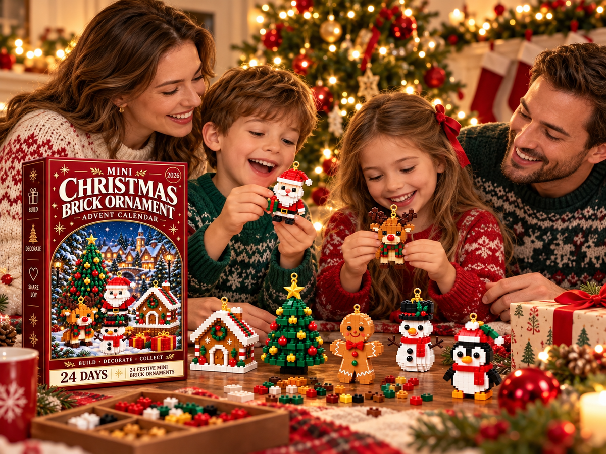 Happy family building Christmas brick ornaments together