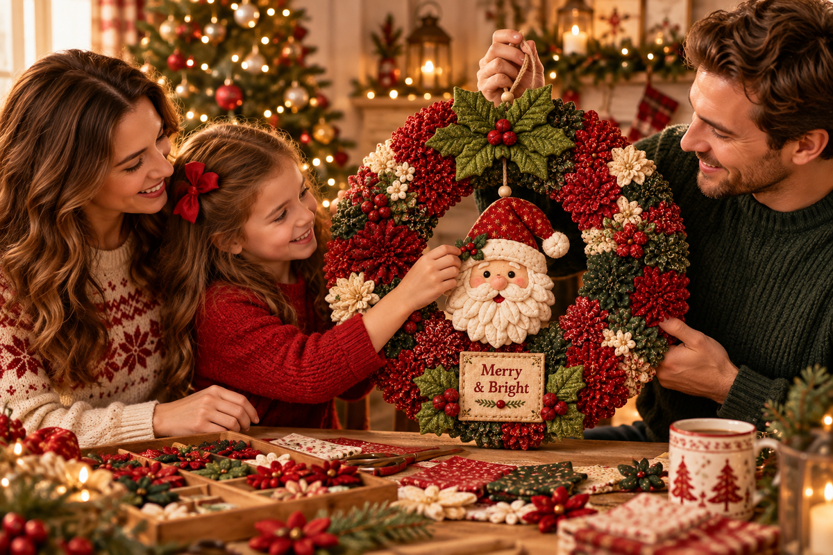 Family making a DIY 3D fabric poke Christmas wreath together